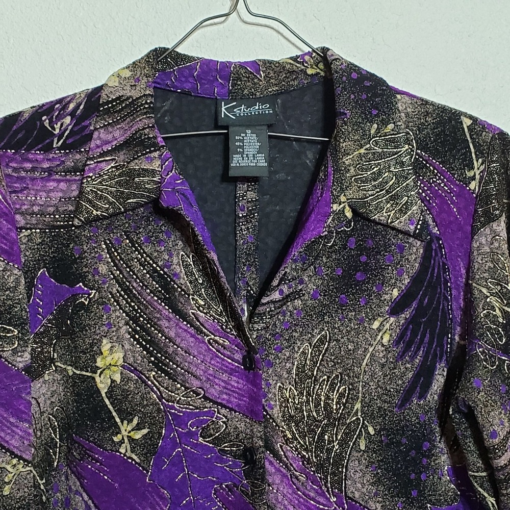 K Studio Collection Womens  Size 12 Long Sleeve Button Blouse Purple Black Gold - Picture 8 of 11
